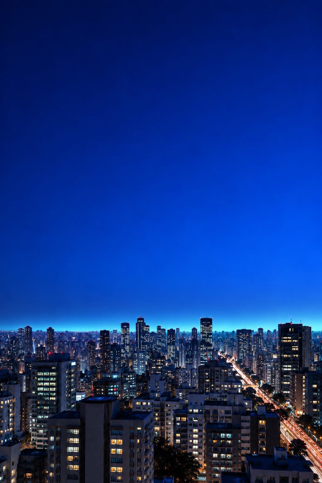 São Paulo na hora azul vista do alto, com prédios iluminados e uma avenida cortando a cidade
