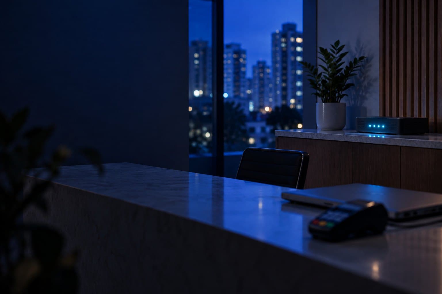 Balcão de recepção de uma empresa à noite, com maquininha de cartão e o roteador de internet aceso na prateleira